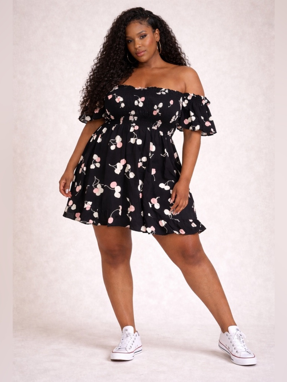 Avenue Black Off-Shoulder Mini Dress with Pink & White Cherry Print